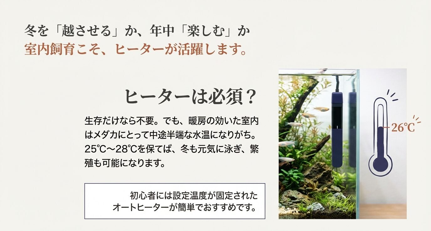 水槽用ヒーター写真と温度計のイラスト。「ヒーターは必須?」「25〜28℃を保てば冬も元気・繁殖も可能」「初心者は温度固定のオートヒーターがおすすめ」とある