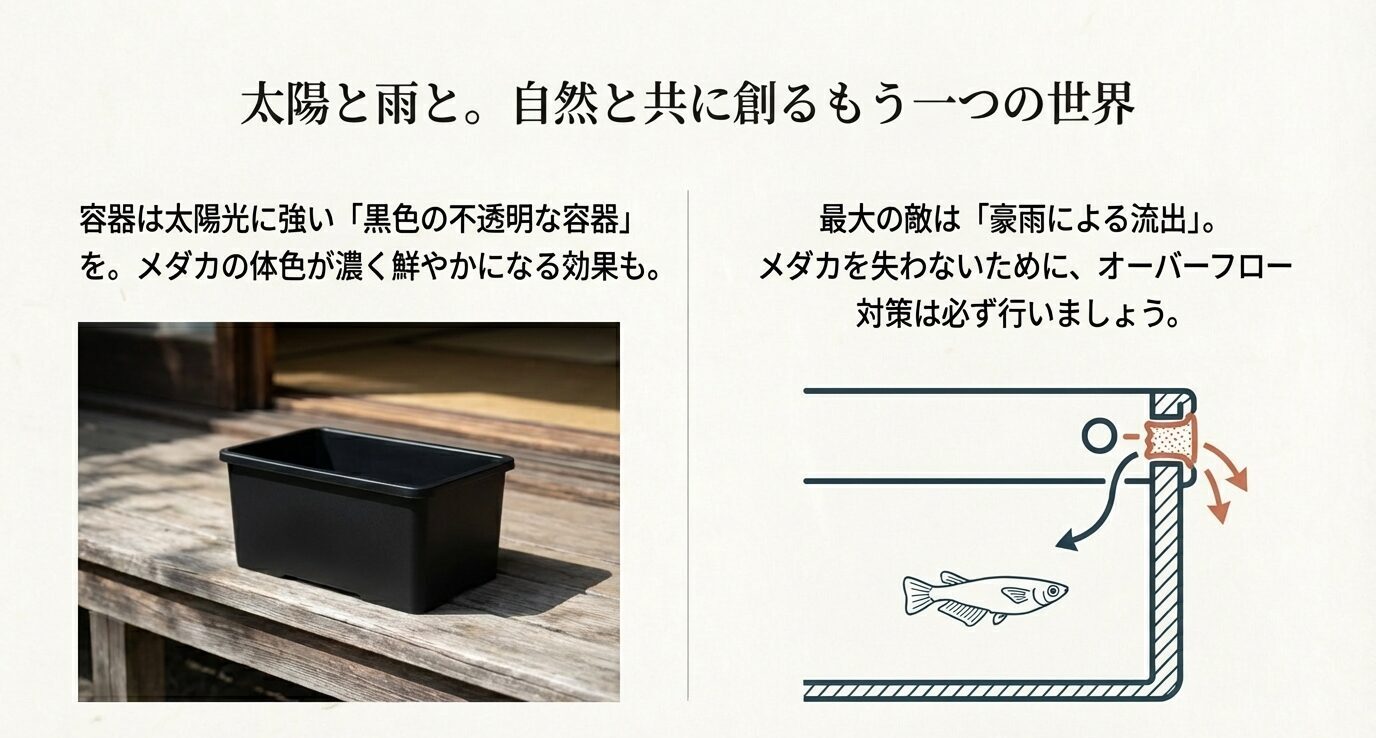 左に黒い容器の写真、右に容器の縁から排水するオーバーフロー模式図。「豪雨による流出が最大の敵」「対策は必ず行う」と説明している