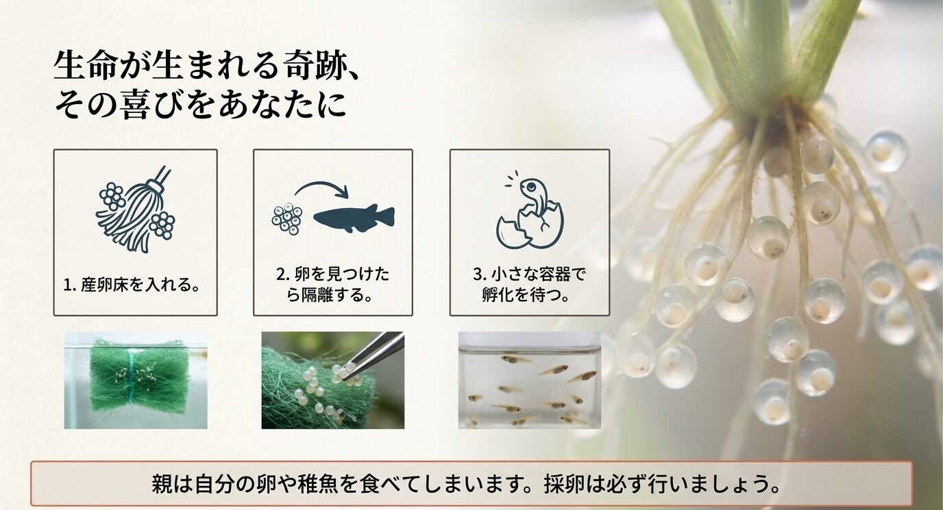 産卵床、卵の回収、稚魚の容器の3ステップ図。「親は自分の卵や稚魚を食べてしまう。採卵は必ず行いましょう」と注意がある