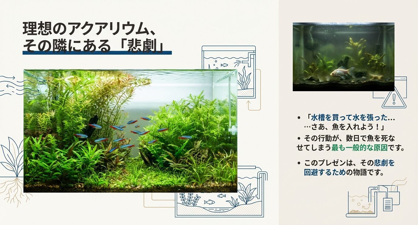 水槽を立ち上げてすぐ魚を入れた結果、数日で調子を崩してしまう失敗例を示したイメージ図
