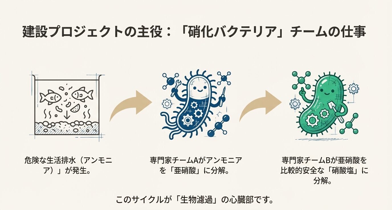 アンモニアが亜硝酸、さらに硝酸塩へと分解される窒素循環をバクテリアの働きとして示した図