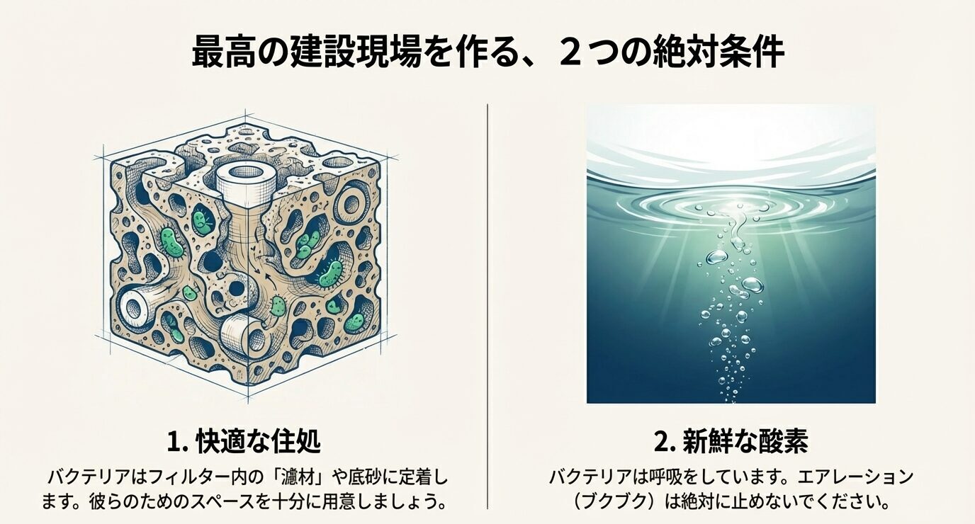 バクテリアの住処となる濾材と、活動に不可欠な酸素供給の重要性を示した図解