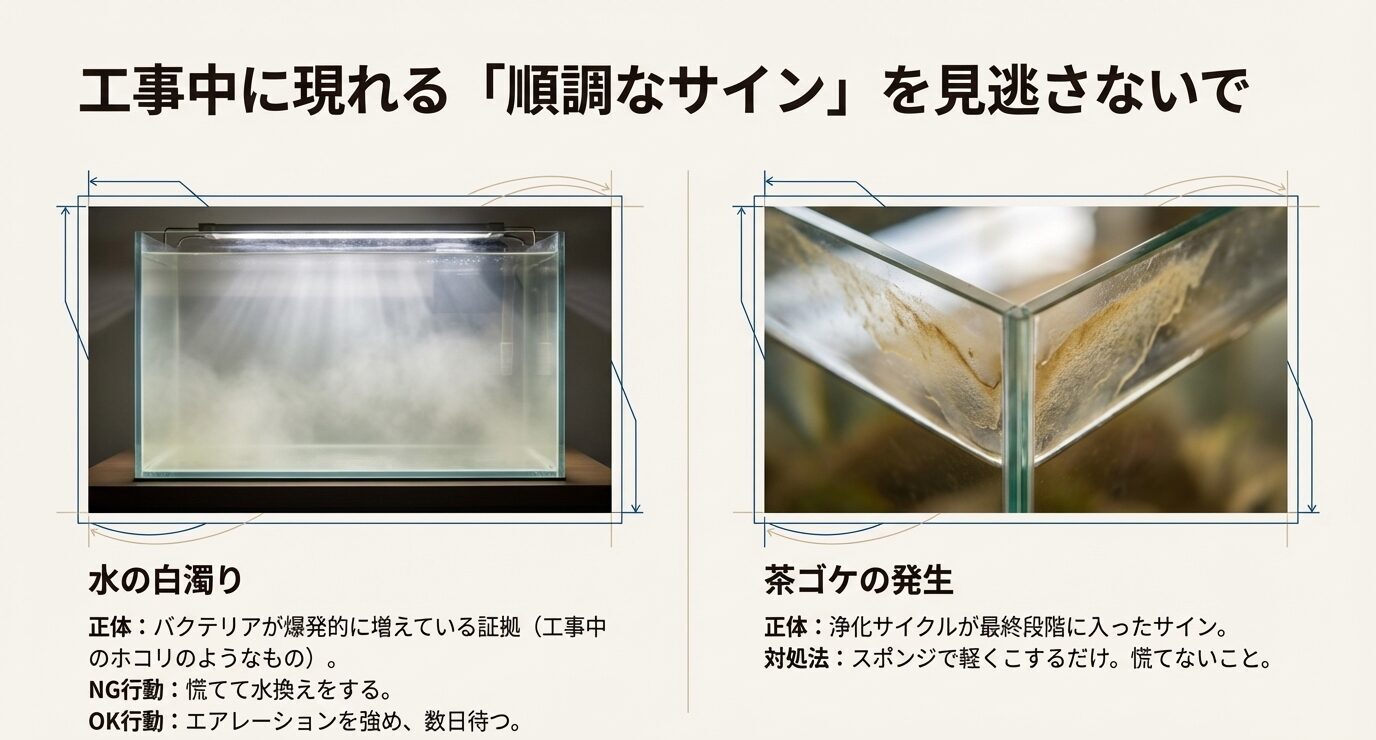 バクテリア増殖による白濁りと、サイクル終盤に出る茶ゴケを順調なサインとして示した比較図