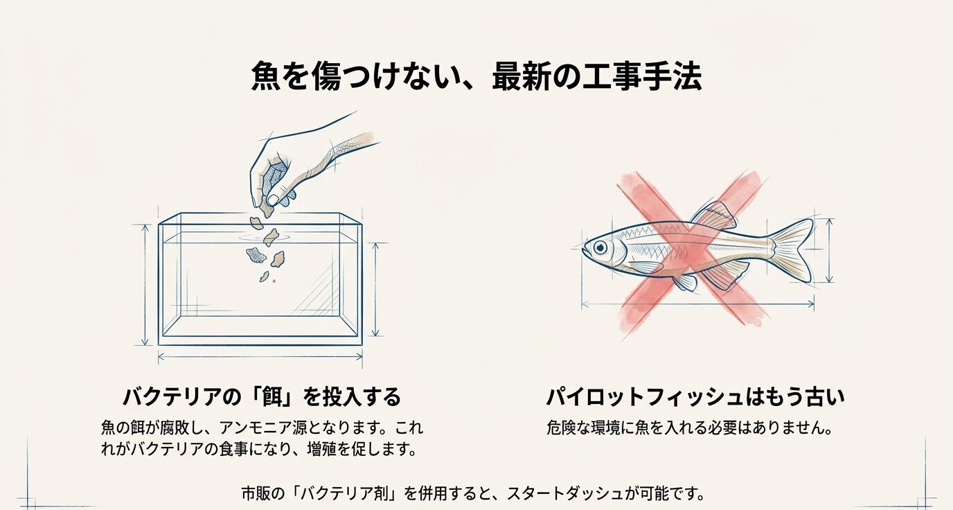 魚を入れずに餌やバクテリア剤を使って水槽を立ち上げる方法を示した図解