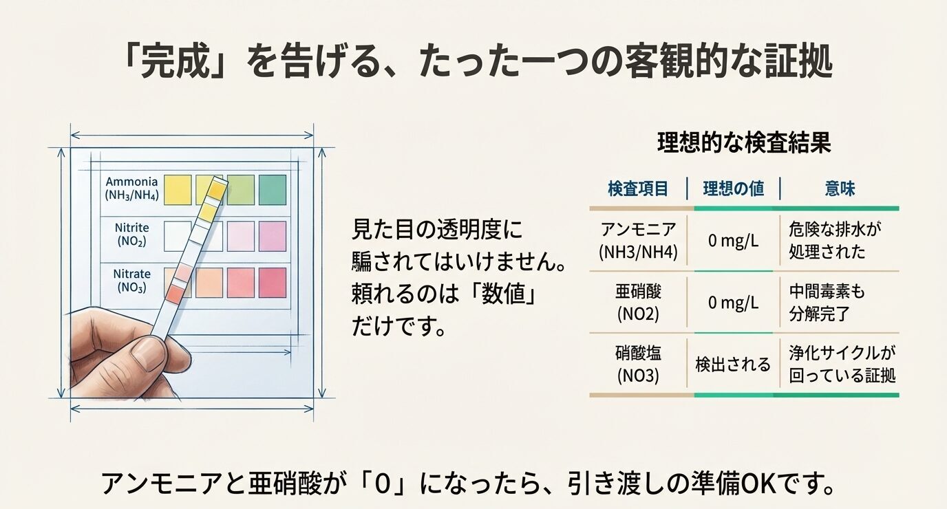 アンモニアと亜硝酸が0になり、硝酸塩が検出されることで完成を判断する水質検査の図