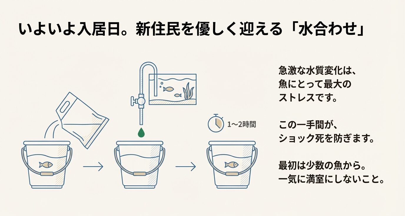 エアチューブを使って少しずつ水槽の水に慣らす点滴法の水合わせ手順図