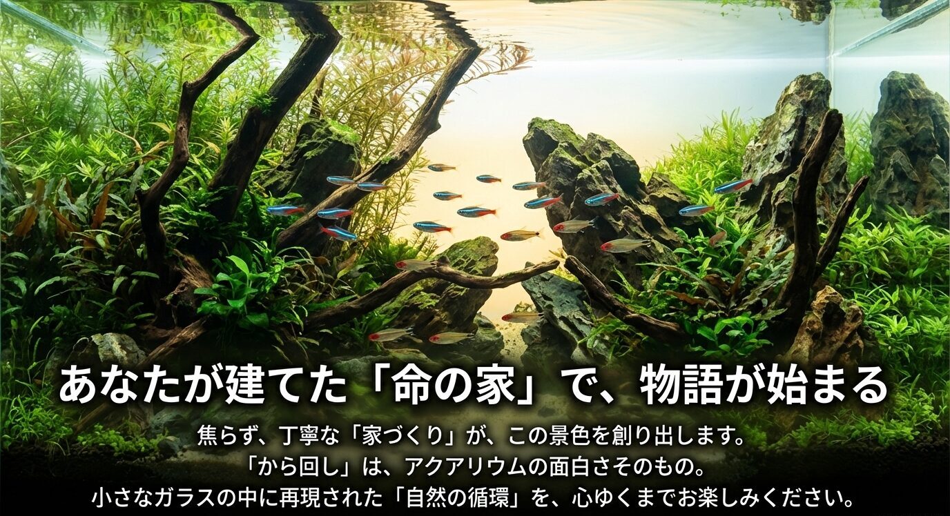 丁寧なから回しを経て完成した水槽で、魚たちが健康に泳ぐ理想的なアクアリウム風景