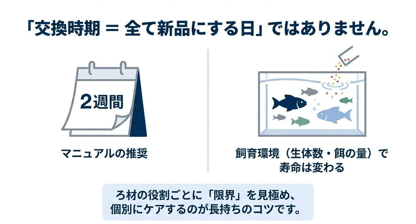 カレンダーの「2週間(マニュアル推奨)」と水槽イラストを対比し、飼育環境で寿命が変わる・役割ごとに限界を見極めると説明