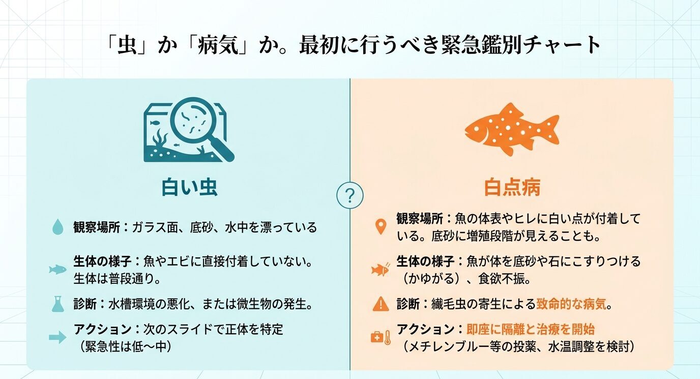 水槽内の白い虫と魚の体表に出る白点病を、観察場所や生体の様子で見分ける比較チャート