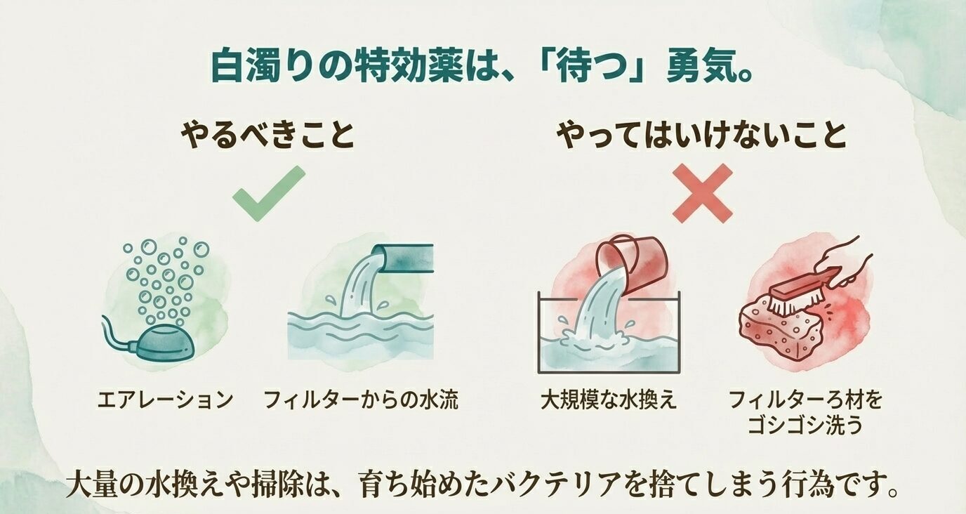 「白濁りの特効薬は、『待つ』勇気。」の見出し。左に「やるべきこと」:エアレーション・フィルターからの水流。右に「やってはいけないこと」:大規模な水換え・フィルターろ材をゴシゴシ洗う。下に「大量の水換えや掃除は育ち始めたバクテリアを捨てる行為」と説明。