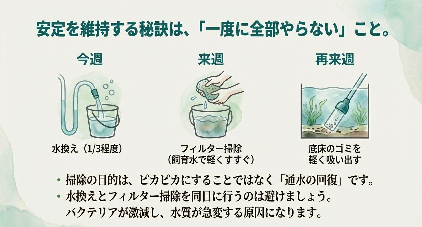「安定を維持する秘訣は、『一度に全部やらない』こと。」の見出し。今週:水換え(1/3程度)、来週:フィルター掃除(飼育水で軽くすすぐ)、再来週:底床のゴミを軽く吸い出す。下に「目的はピカピカではなく通水回復」「水換えとフィルター掃除を同日にしない」と注意。