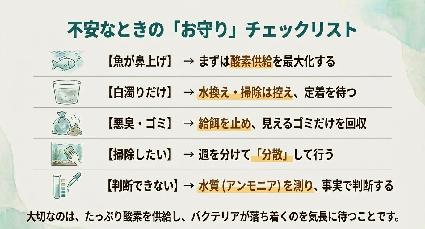 「不安なときの『お守り』チェックリスト」の見出し。鼻上げ→酸素供給最大化、白濁りだけ→水換え・掃除控えて定着待ち、悪臭・ゴミ→給餌を止め見えるゴミ回収、掃除したい→週を分けて分散、判断できない→水質(アンモニア)を測る、の行動指針。