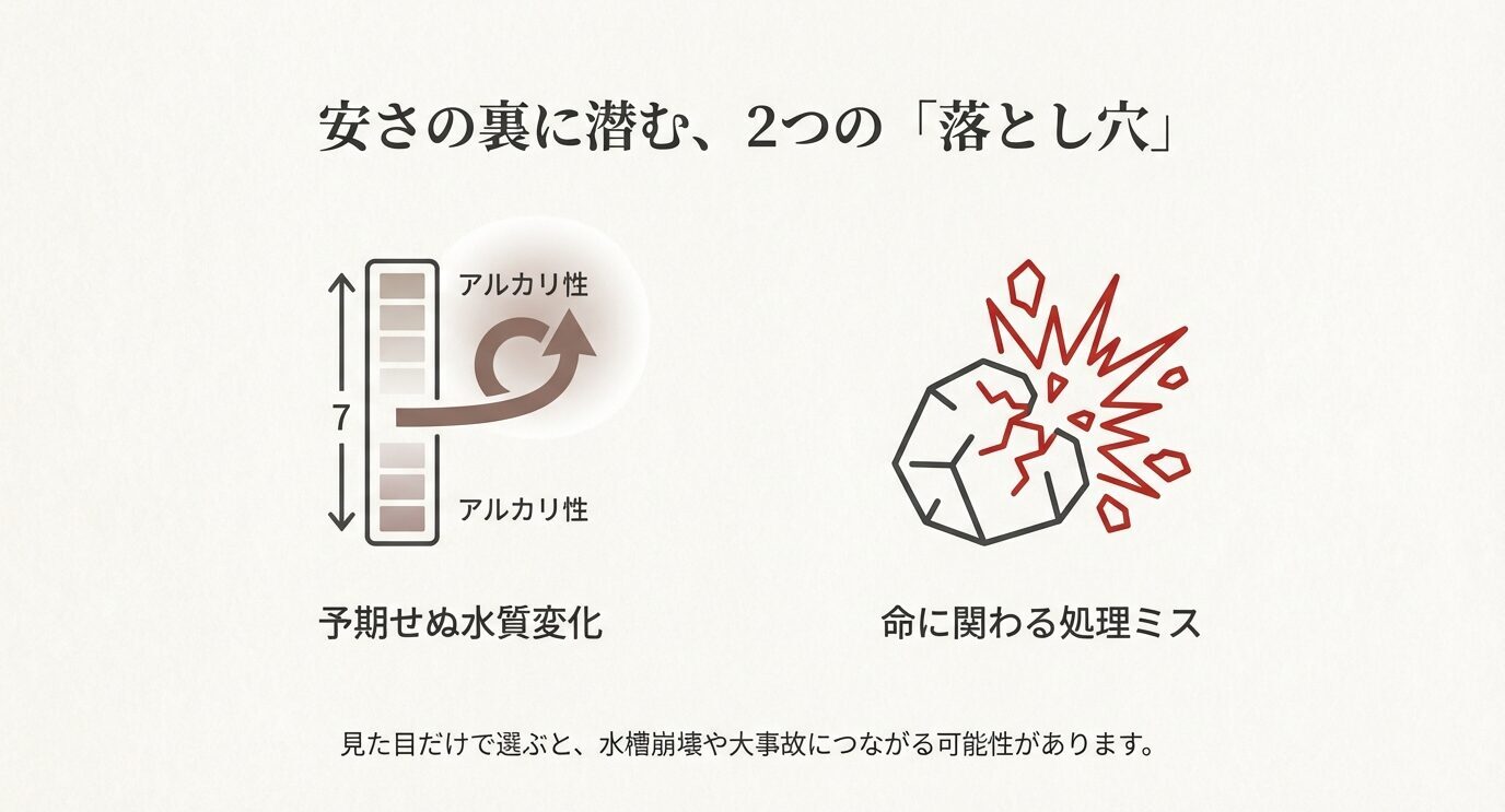 pH上昇(アルカリ性への変化)を示す図と、破裂する石のイラスト。見た目だけで選ぶと水質変化や事故につながる注意を示している。