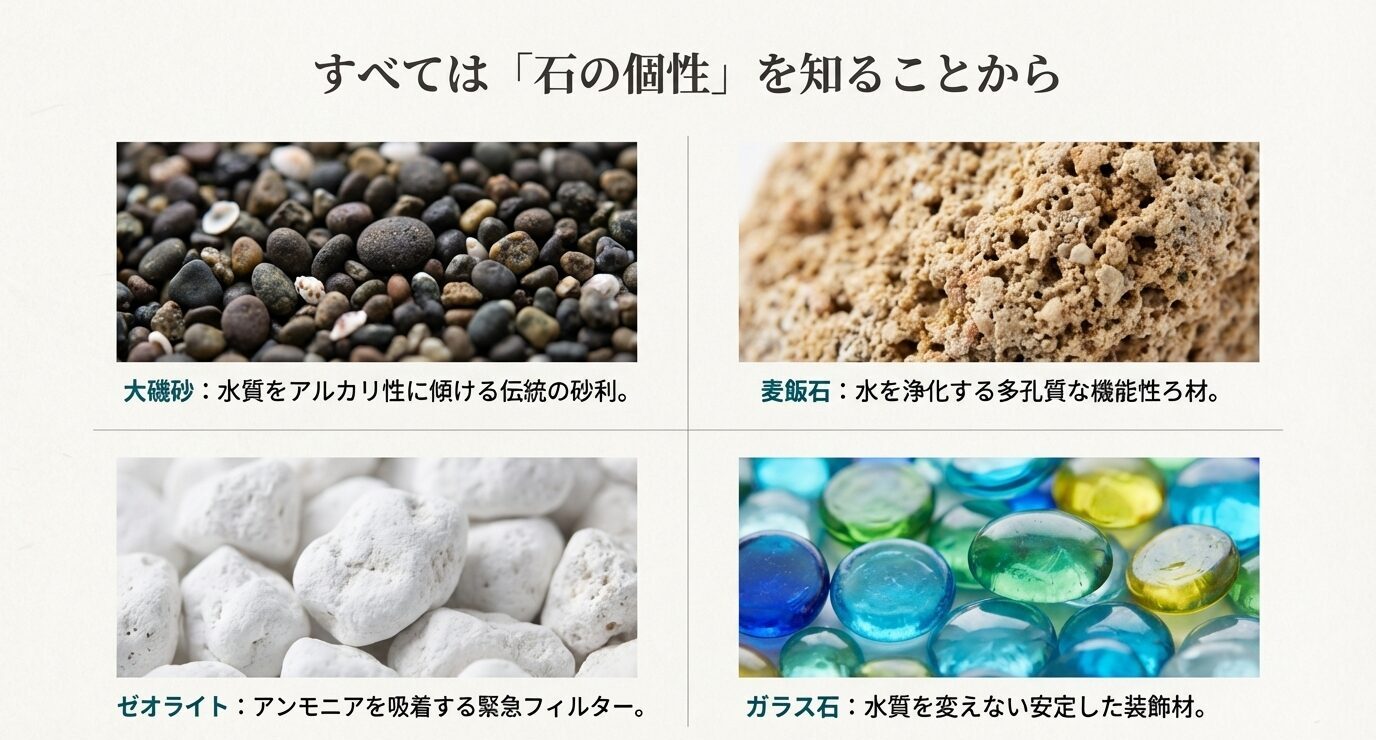 大磯砂・麦飯石・ゼオライト・ガラス石の写真と説明。大磯砂は水質をアルカリ性に傾ける、麦飯石は多孔質、ゼオライトはアンモニア吸着、ガラス石は水質を変えない。