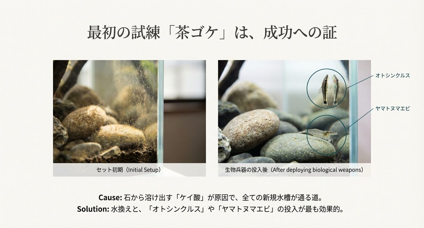 セット初期に茶ゴケが出た水槽の石の写真と、オトシンクルス・ヤマトヌマエビ投入後の改善例。原因は石から溶け出すケイ酸、対策は水換えとコケ取り生体の導入と示している。