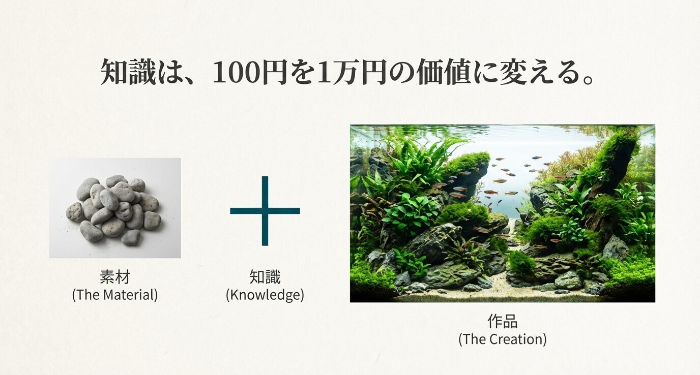 「素材(小石)」+「知識」=「作品(美しい水草水槽)」という構図で、下処理と理解が価値を生むことを表した図。