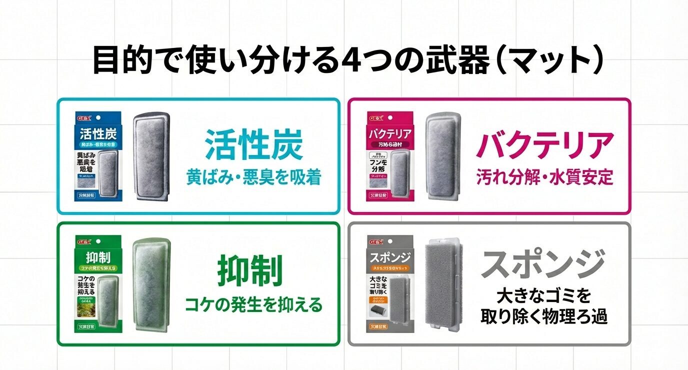 目的で使い分ける4つのマットを一覧化。活性炭(黄ばみ・悪臭)、バクテリア(汚れ分解・水質安定)、抑制(コケ抑制)、スポンジ(大きなゴミの物理ろ過)。