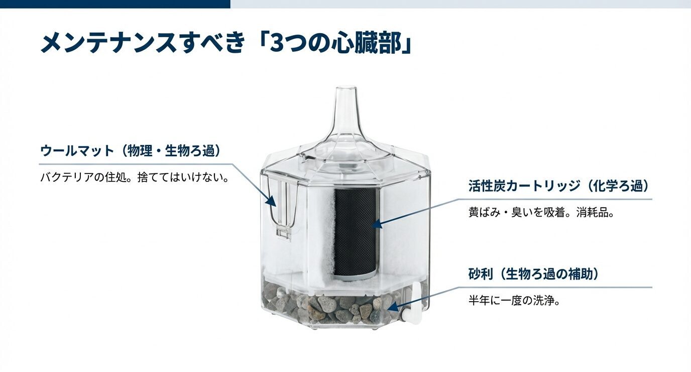 水作エイトコアの図に、ウールマット(物理・生物ろ過)、活性炭カートリッジ(化学ろ過)、砂利(生物ろ過補助)の役割と点検目安を示した図解
