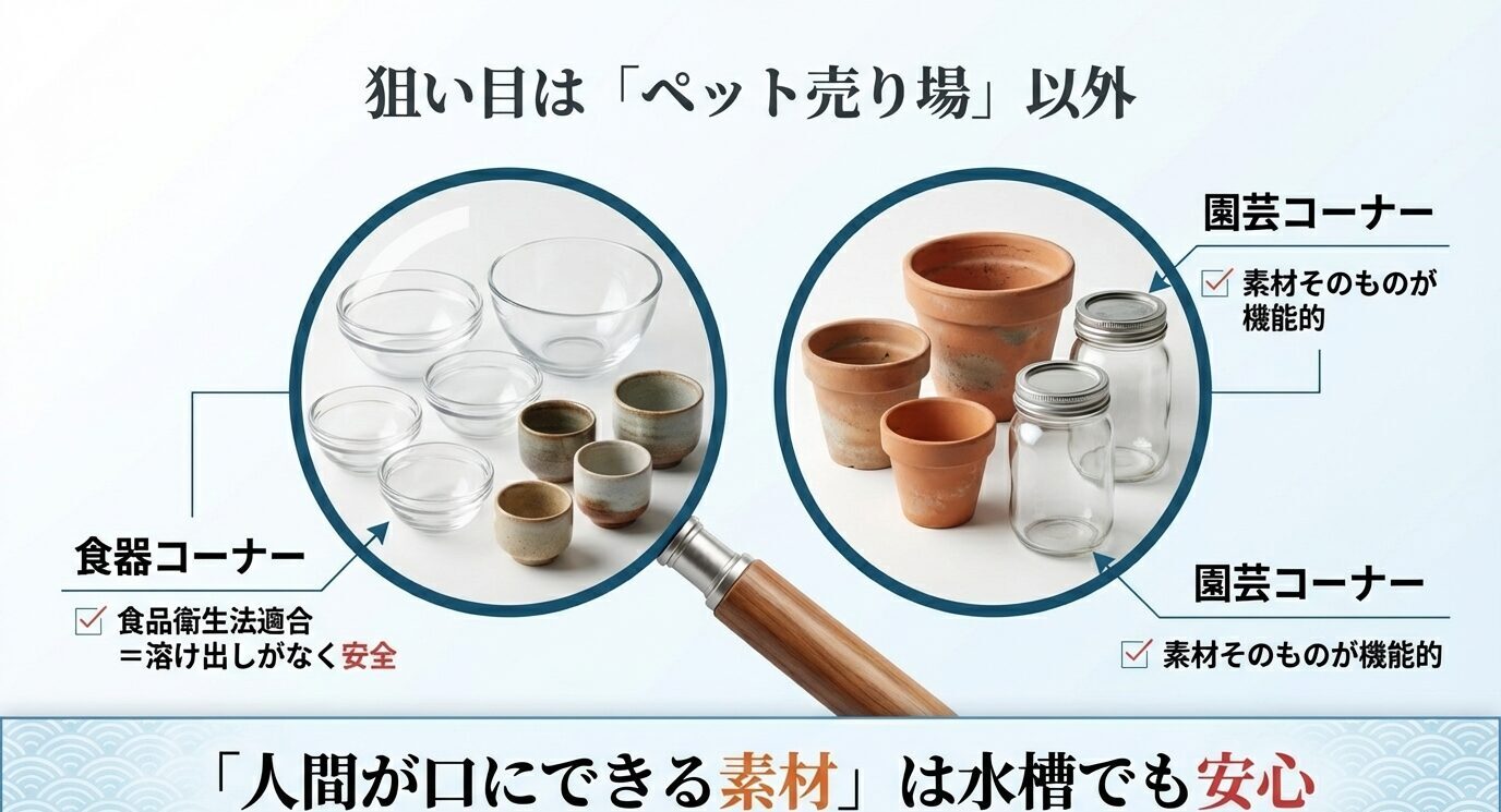 食器コーナーと園芸コーナーのアイテム例を示し、「人間が口にできる素材は水槽でも安心」と伝えるスライド
