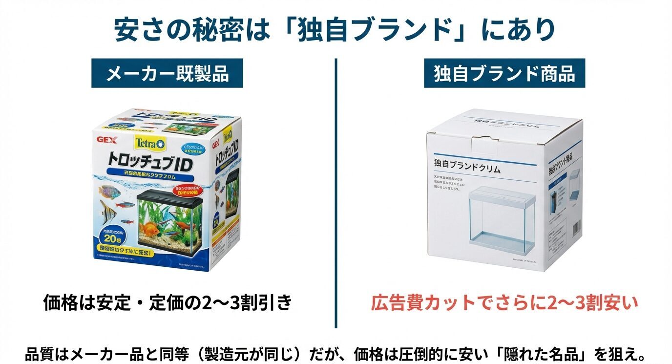 メーカー既製品は価格が安定(定価の2〜3割引)で、独自ブランド品は広告費カット等でさらに2〜3割安い。品質同等の“隠れた名品”を狙うという比較図。