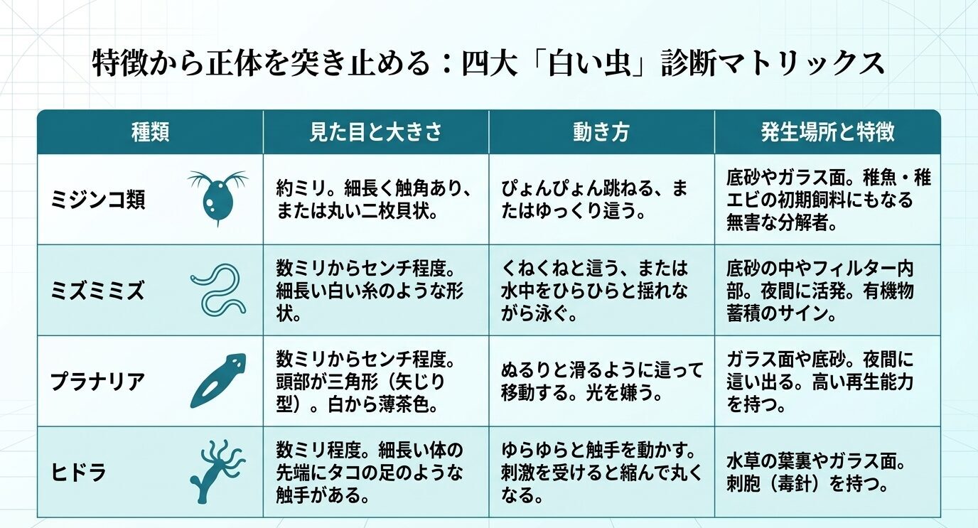 ミジンコ類、ミズミミズ、プラナリア、ヒドラを見た目、大きさ、動き方、発生場所で比較した診断表