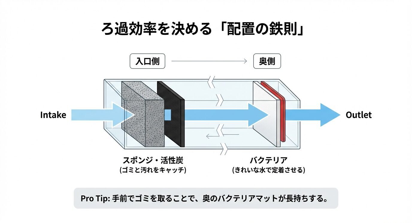 入口側にスポンジ・活性炭でゴミを受け、奥側にバクテリアを置く配置を模式図で説明。手前でゴミを取ると奥のバクテリアマットが長持ちする。