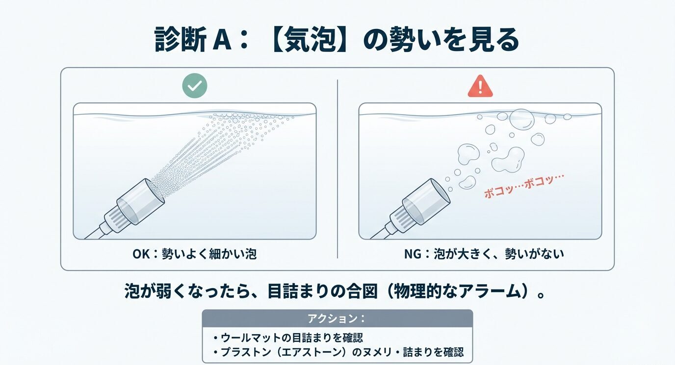 細かい泡はOK、泡が大きく勢いがない状態はNGとして、泡が弱い=目詰まりの合図、確認箇所(ウールマット・プラストン)を示す