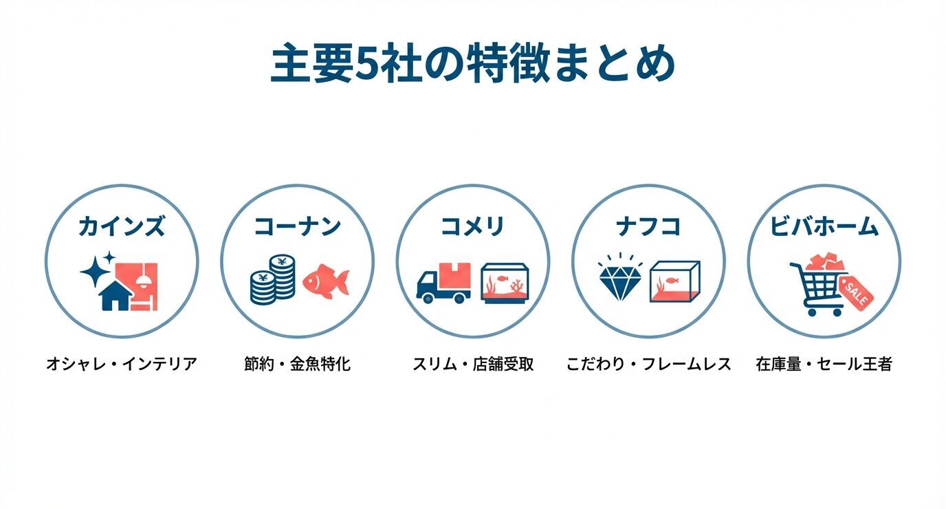 カインズ=おしゃれ・インテリア、コーナン=節約・金魚特化、コメリ=スリム・店舗受取、ナフコ=こだわり・フレームレス、ビバホーム=在庫量・セール王者、という特徴要約。