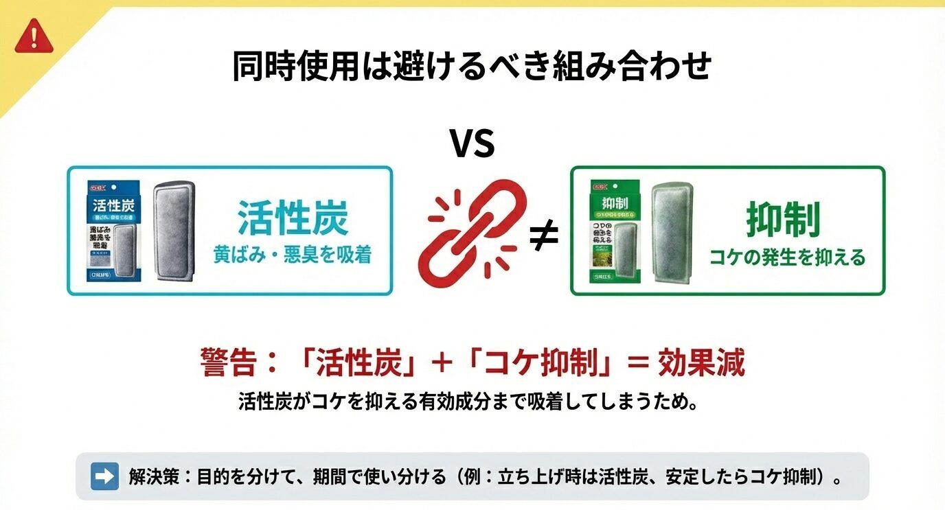 同時使用は避けるべき組み合わせとして、活性炭とコケ抑制の併用で効果減になり得る点を警告。目的を分けて期間で使い分ける提案。