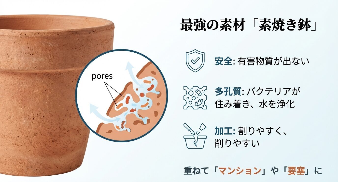 素焼き鉢のメリット(有害物質が出にくい/多孔質でバクテリアが住む/割りやすく削りやすい)を図解したスライド