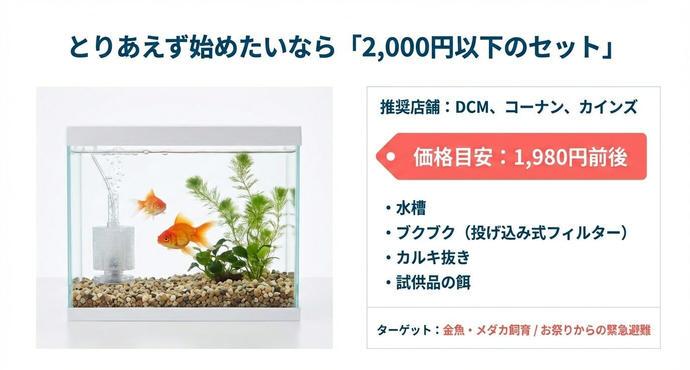 DCM・コーナン・カインズなどの約1,980円前後セットの内容例(水槽、投げ込み式フィルター、カルキ抜き、試供品の餌)。金魚・メダカや緊急避難向け。