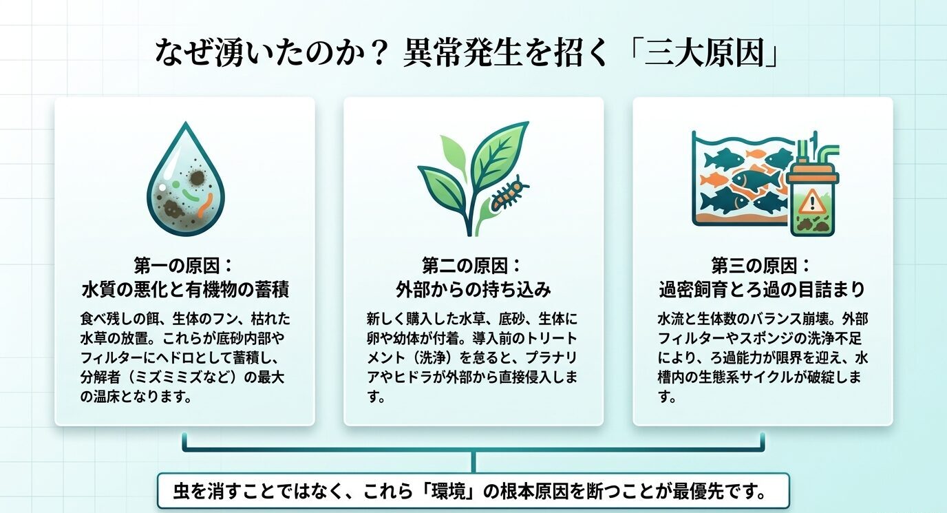 水質悪化と有機物の蓄積、外部からの持ち込み、過密飼育やろ過不足が白い虫の発生原因になることを示すスライド