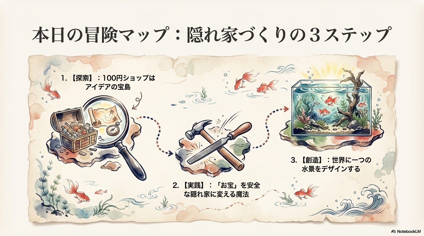 探索・実践・創造の3段階を示した、金魚の隠れ家づくりのロードマップ図