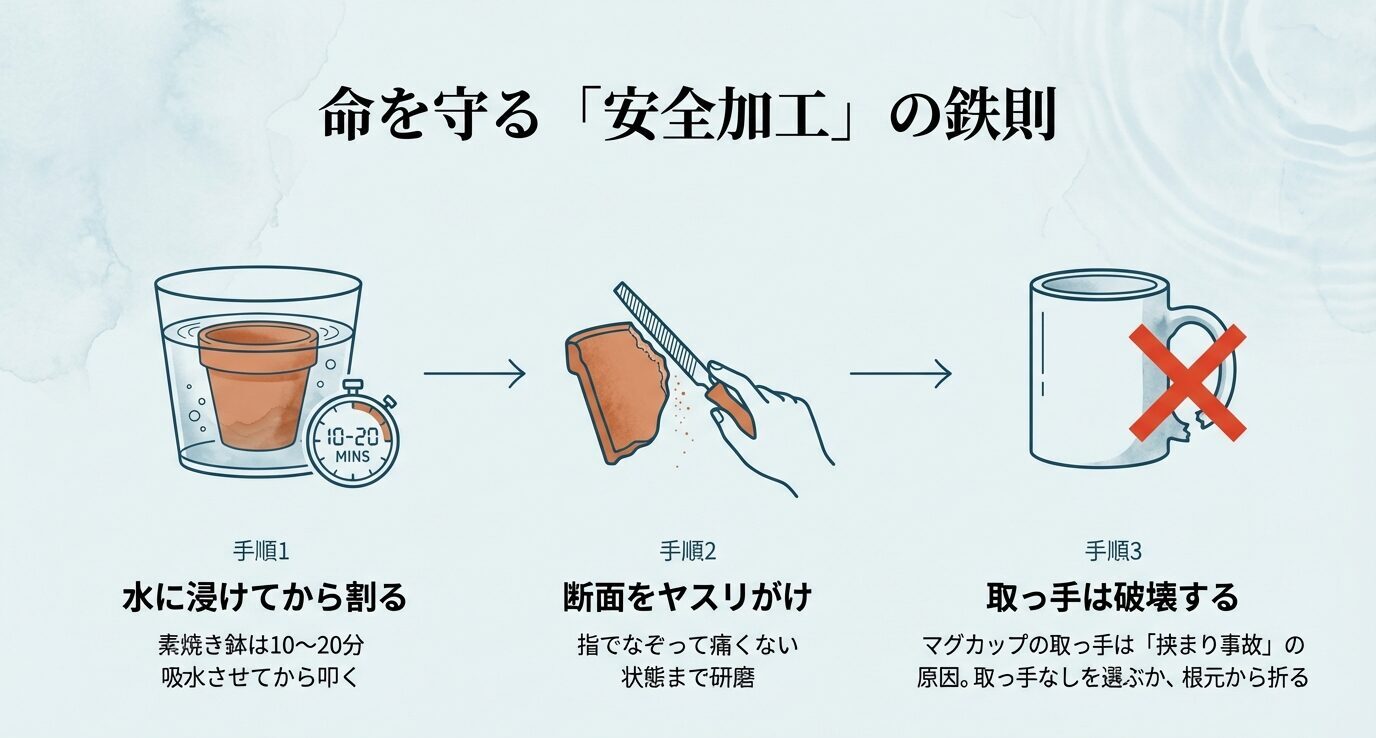 素焼き鉢は水に浸けてから割る、断面はヤスリがけ、マグカップの取っ手は事故防止のため破壊または回避する手順を示すスライド