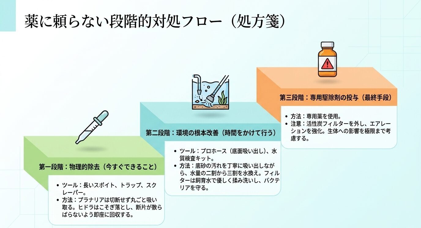 白い虫対策として、物理的除去、底砂掃除や水質改善、最終手段としての専用薬剤使用を段階的に示したフロー図