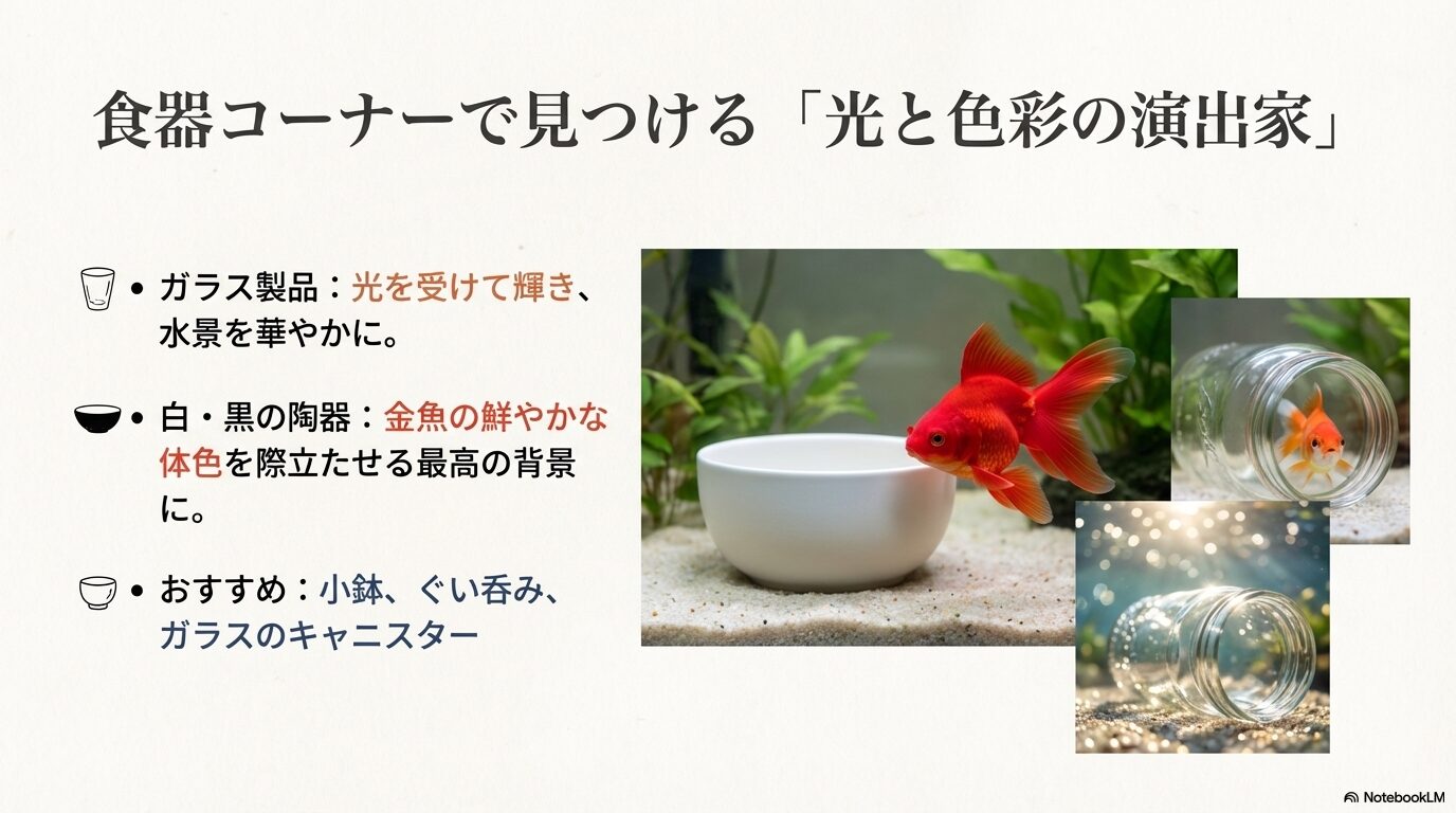 ガラスの小鉢やボトルに入った金魚のイラスト。光を受けて輝く様子や、白い陶器との対比。