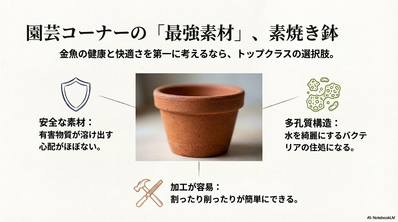 素焼き鉢のイラスト。安全な素材、多孔質構造、加工が容易であるという3つのメリットの説明。