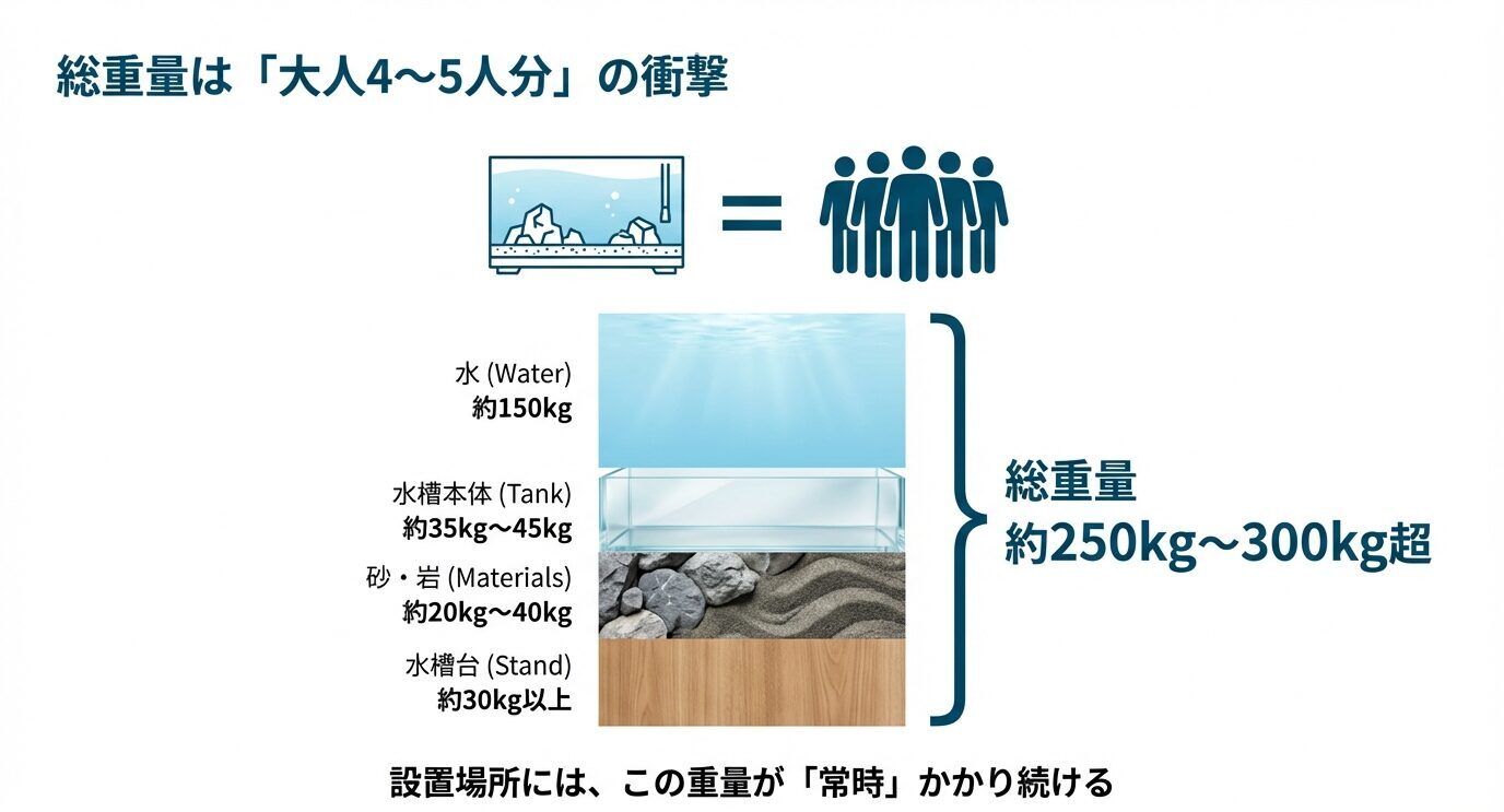 水150kg・水槽本体35〜45kg・砂や岩20〜40kg・水槽台30kg以上を合計し、総重量が約250〜300kg超になることを示す図。「大人4〜5人分の衝撃」と表現している。