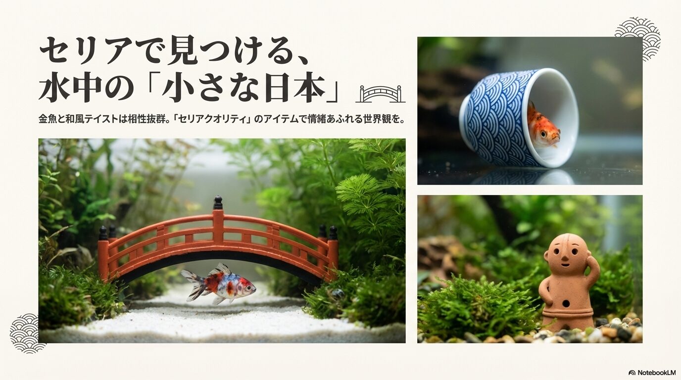 お猪口に入った金魚や、赤い太鼓橋、ハニワの置物など、和風テイストの水槽レイアウト例