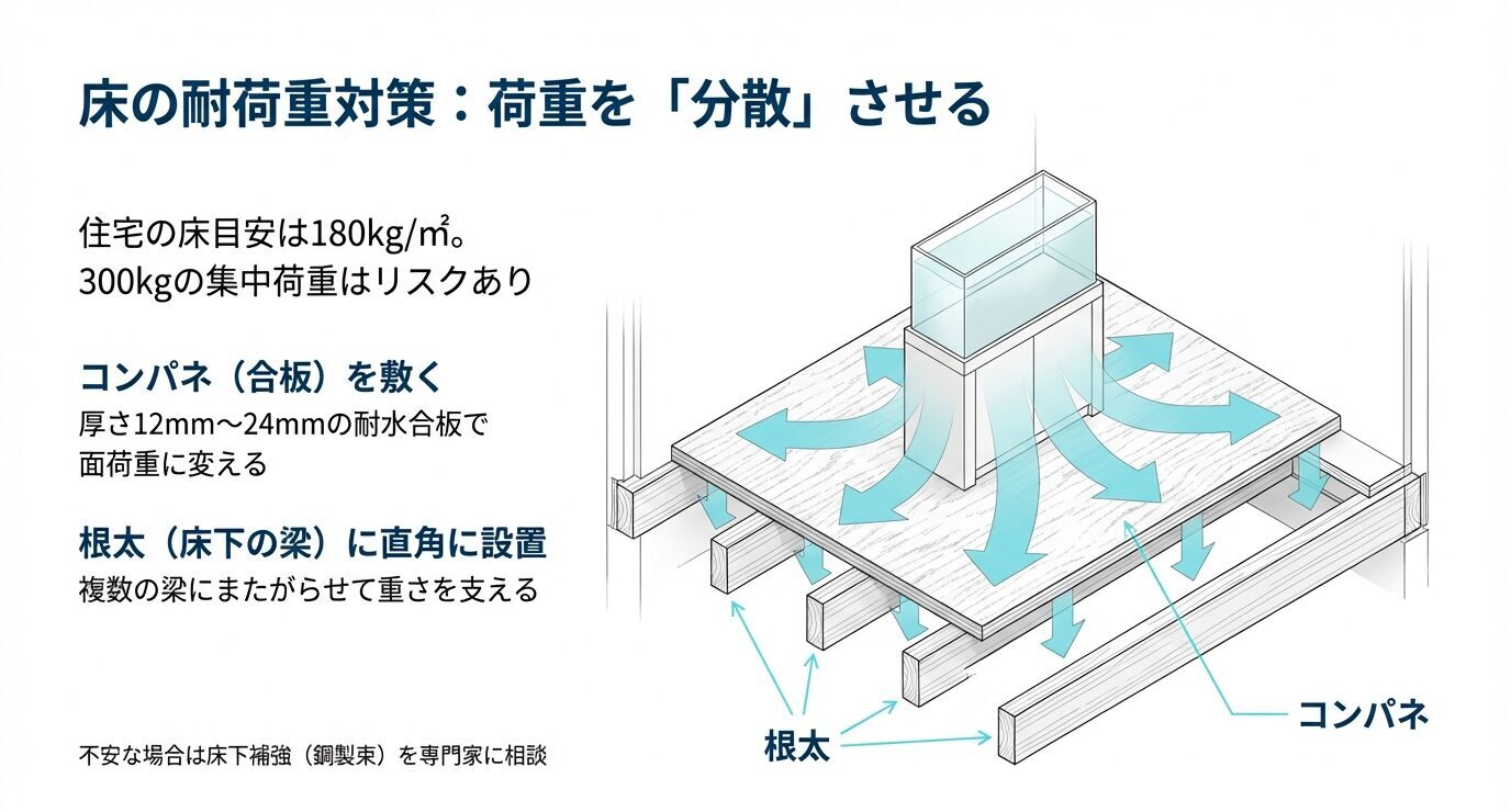 床の目安180kg/㎡に対し水槽は集中荷重になりやすいことを示し、厚さ12〜24mmの耐水合板(コンパネ)で面荷重に変える方法と、根太に直角配置して複数の梁で支える考え方を図解。