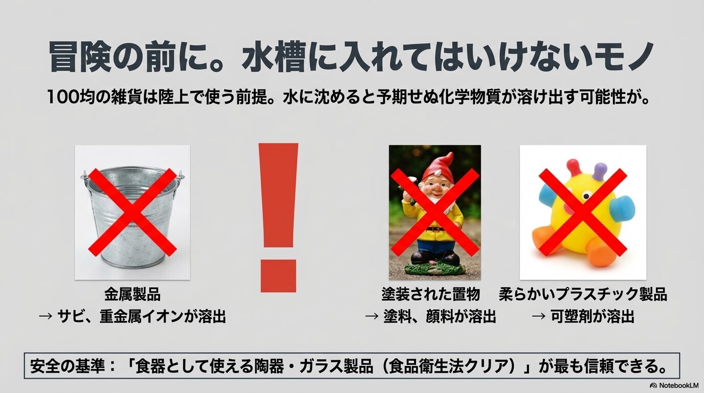 金属バケツ、塗装された置物、柔らかいおもちゃにバツ印がついたイラスト。サビや塗料溶出の危険性。