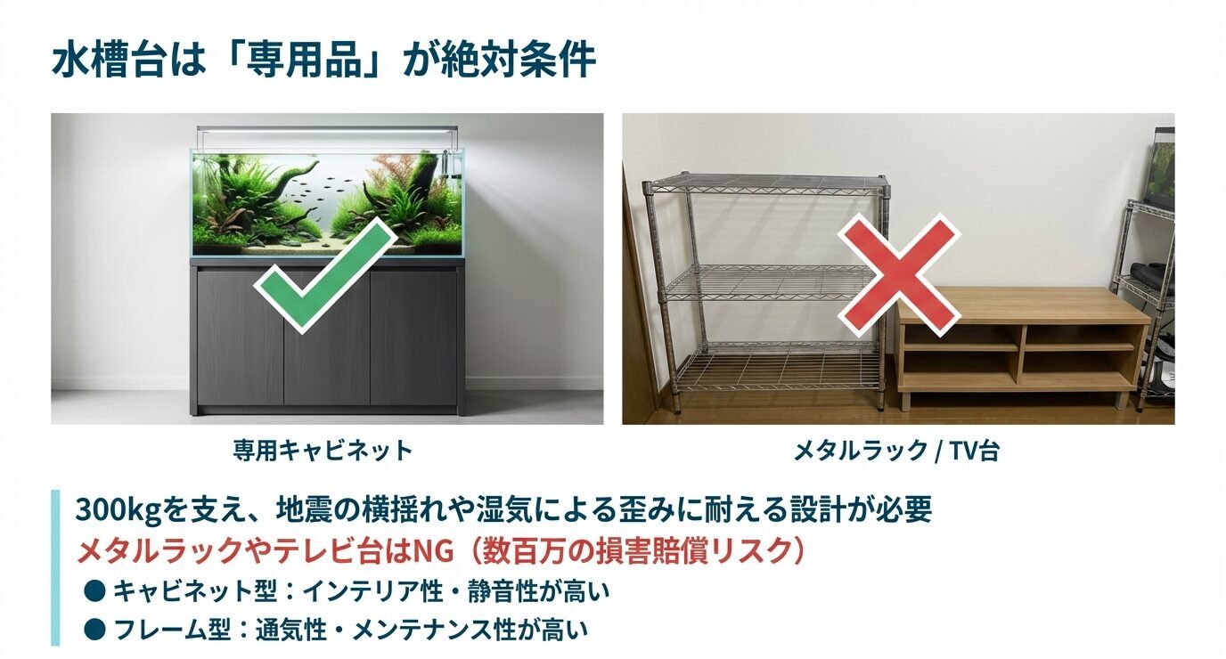 専用キャビネット設置はOK、メタルラックやテレビ台はNGと大きく示し、300kgを支える剛性と地震・湿気への耐性が必要だと説明している比較スライド。