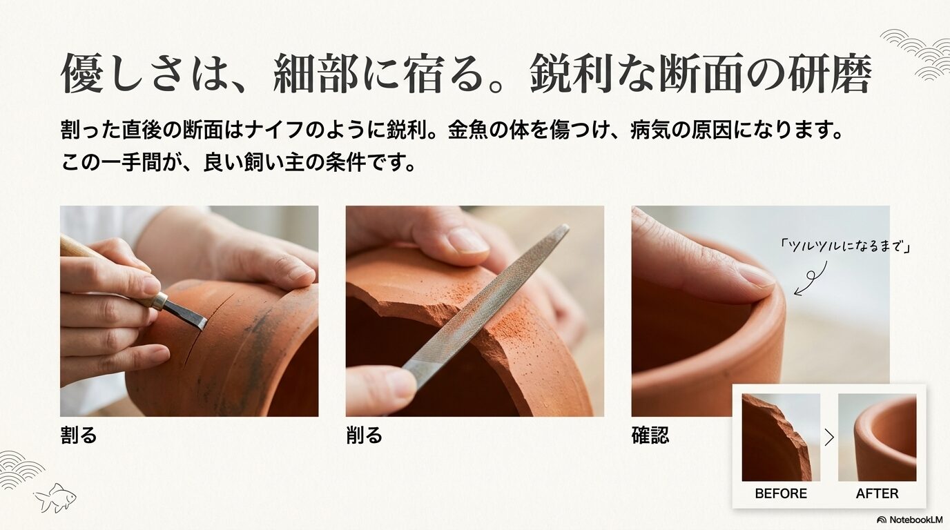 割った植木鉢の鋭利な断面をヤスリで削り、ツルツルになるまで加工する様子の写真図解