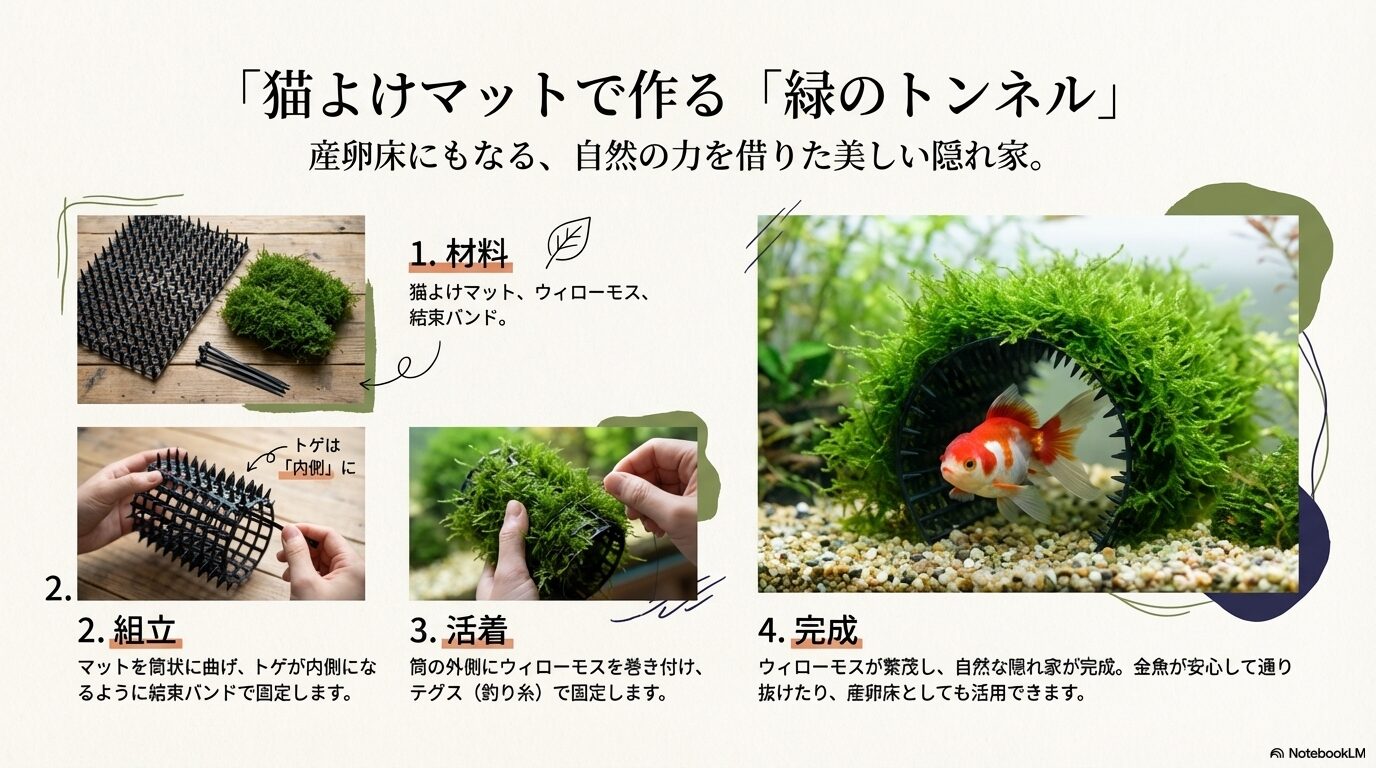 猫よけマットを筒状にし、ウィローモスを巻き付けて緑のトンネルを作るDIY手順の解説図