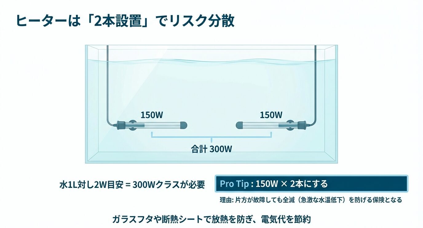 90cm水槽内に150Wヒーターを2本設置して合計300Wとし、水1Lあたり2W目安を満たすこと、片方が故障しても急激な水温低下を防げる保険になると説明している。