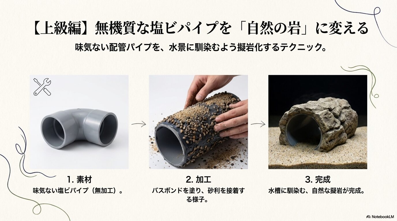 塩ビパイプにシリコンで砂利を接着し、自然な岩のトンネルを作成する手順の図解