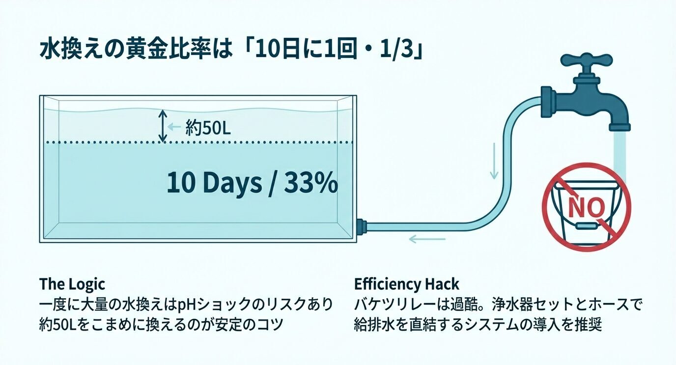 水槽の水位線と「10 Days / 33%(約50L)」を示し、一度に大量換水はpHショックのリスクがあるため1/3換水が安定のコツと説明。バケツ運搬は非効率で、浄水器+ホース直結の給排水を推奨している。