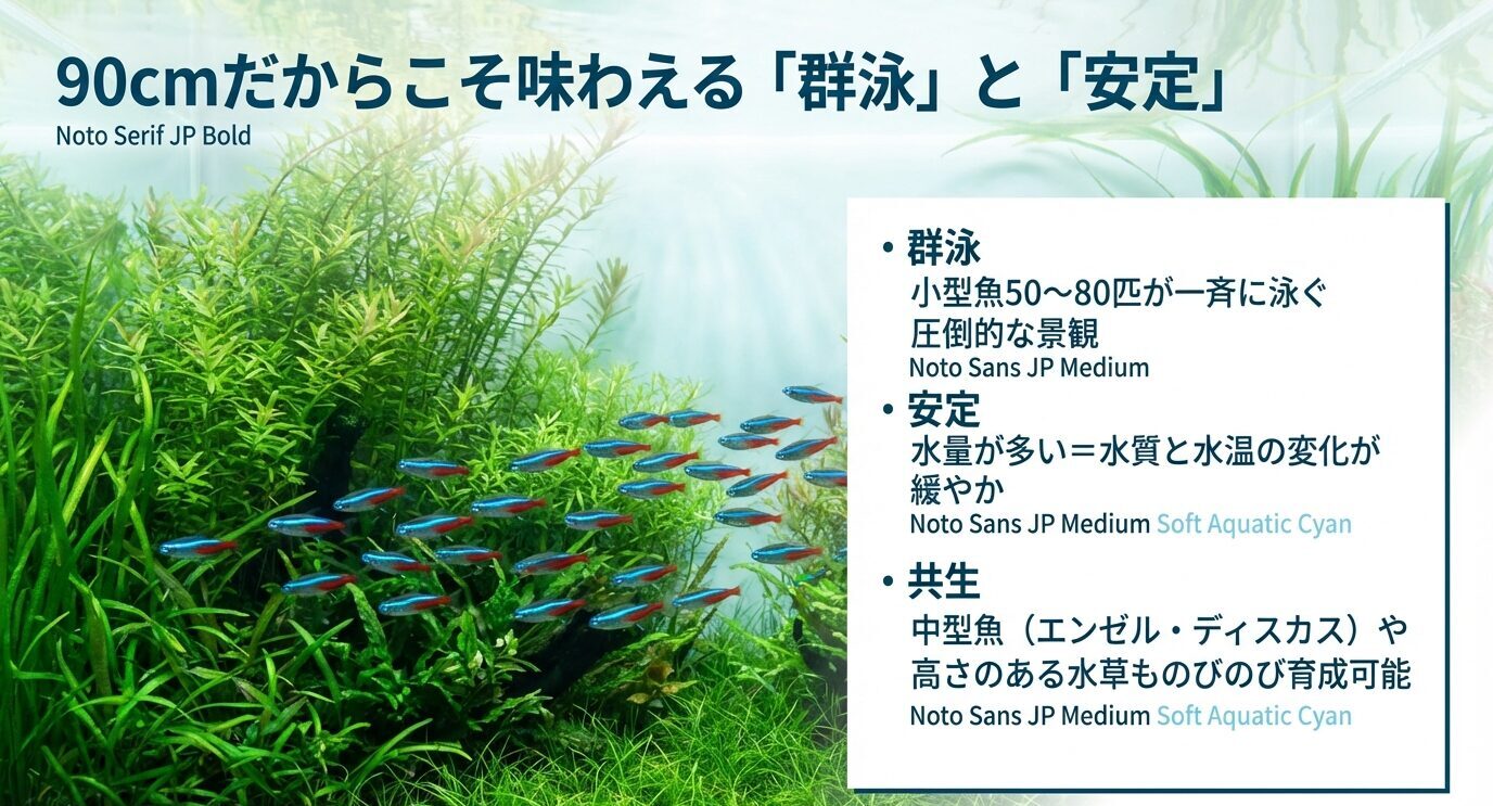 水草水槽の写真とともに、90cm水槽のメリットとして「小型魚50〜80匹の群泳」「水量が多く水質・水温変化が緩やか」「中型魚や背の高い水草も育成しやすい」を箇条書きで示している。