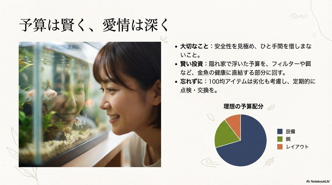 隠れ家で節約した予算をフィルターや餌などの設備投資に回す、賢い予算配分のグラフイメージ