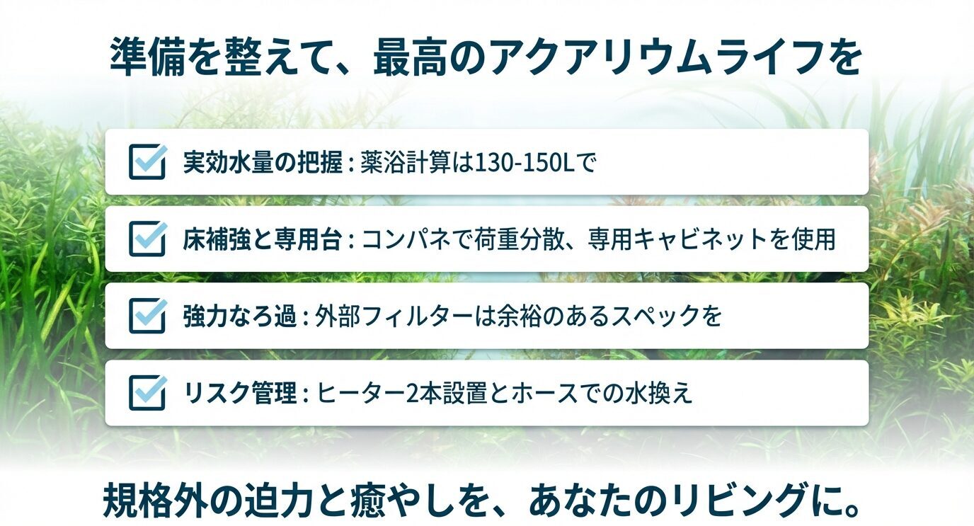 90cm水槽導入の要点をチェック形式で整理したスライド。実効水量は130〜150Lで考える、コンパネで荷重分散して専用台を使う、外部フィルターは余裕あるスペックを選ぶ、ヒーター2本設置とホース換水でリスクと手間を減らす、とまとめている。